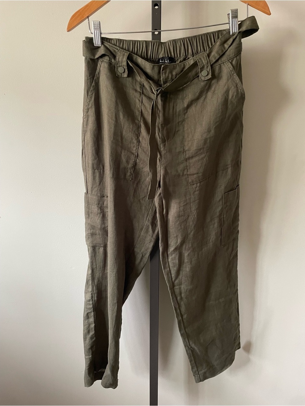 Nicole Miller 100% Linen Trouser Pant Olive Green Belted Size Small